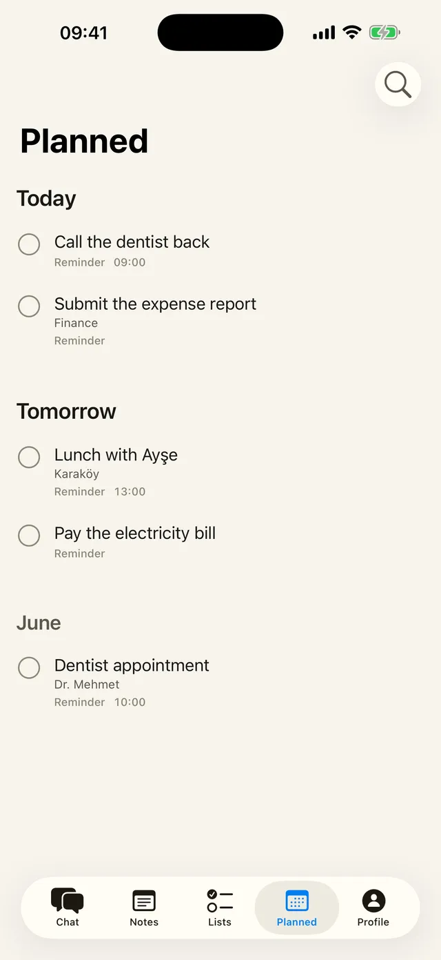 The Second Brain agenda with Today and Tomorrow sections