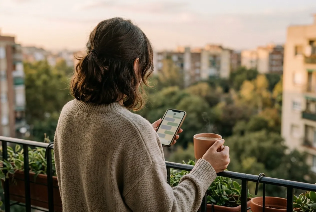 A person on a balcony in morning light holding a phone in one hand and a coffee in the other