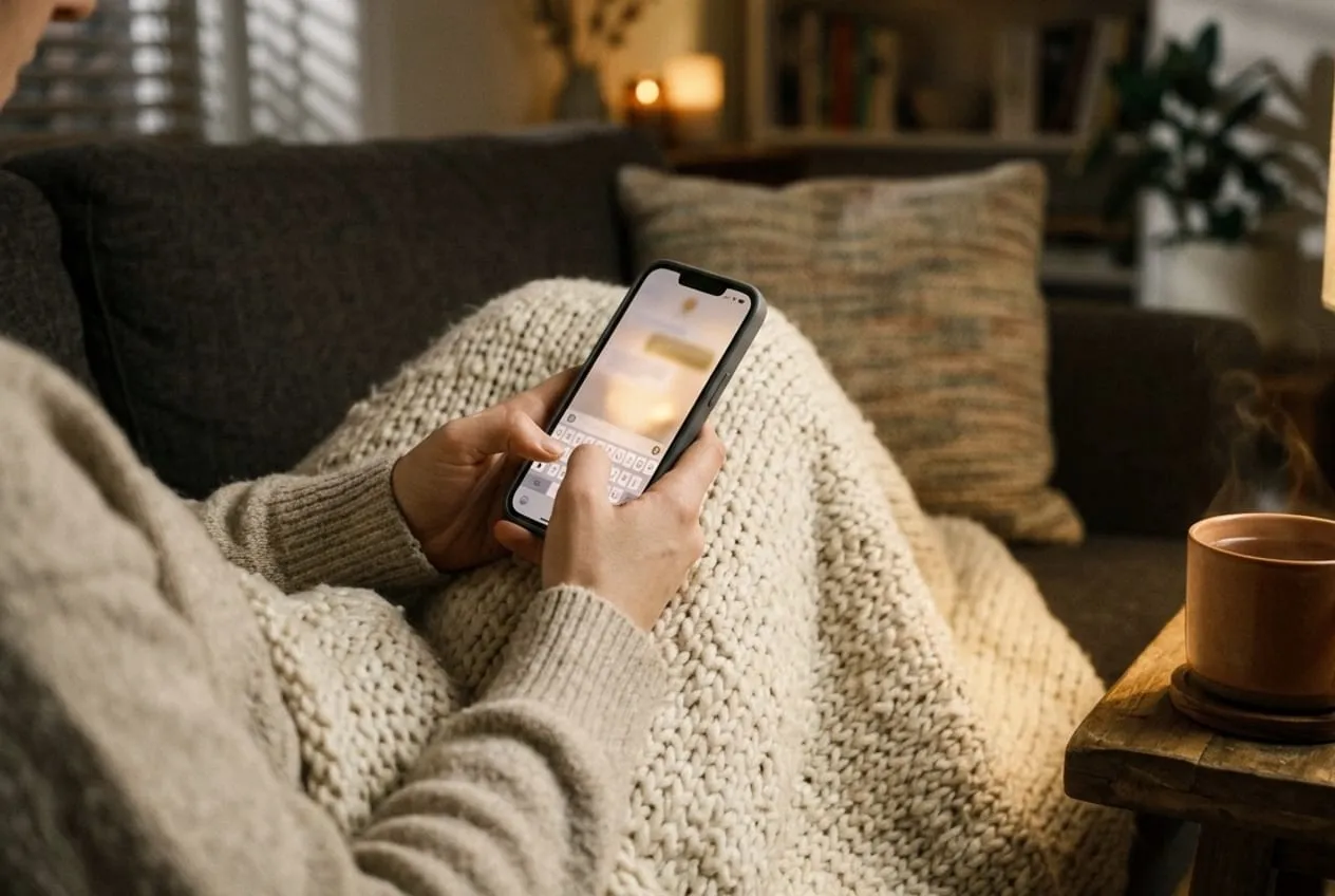 Loş lamba ışığında koltukta, battaniyenin altında telefona mesaj yazan eller