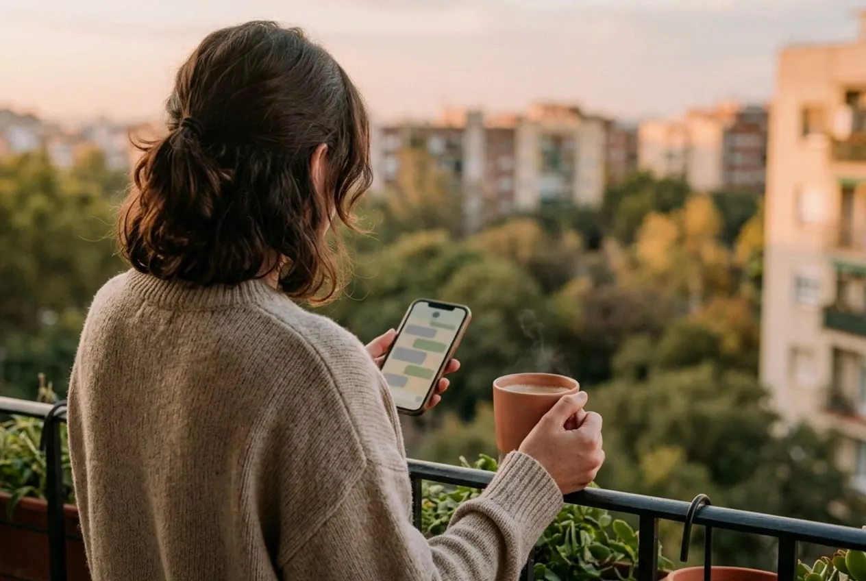 Sabah ışığında balkonda bir elinde telefon, diğer elinde kahve tutan biri