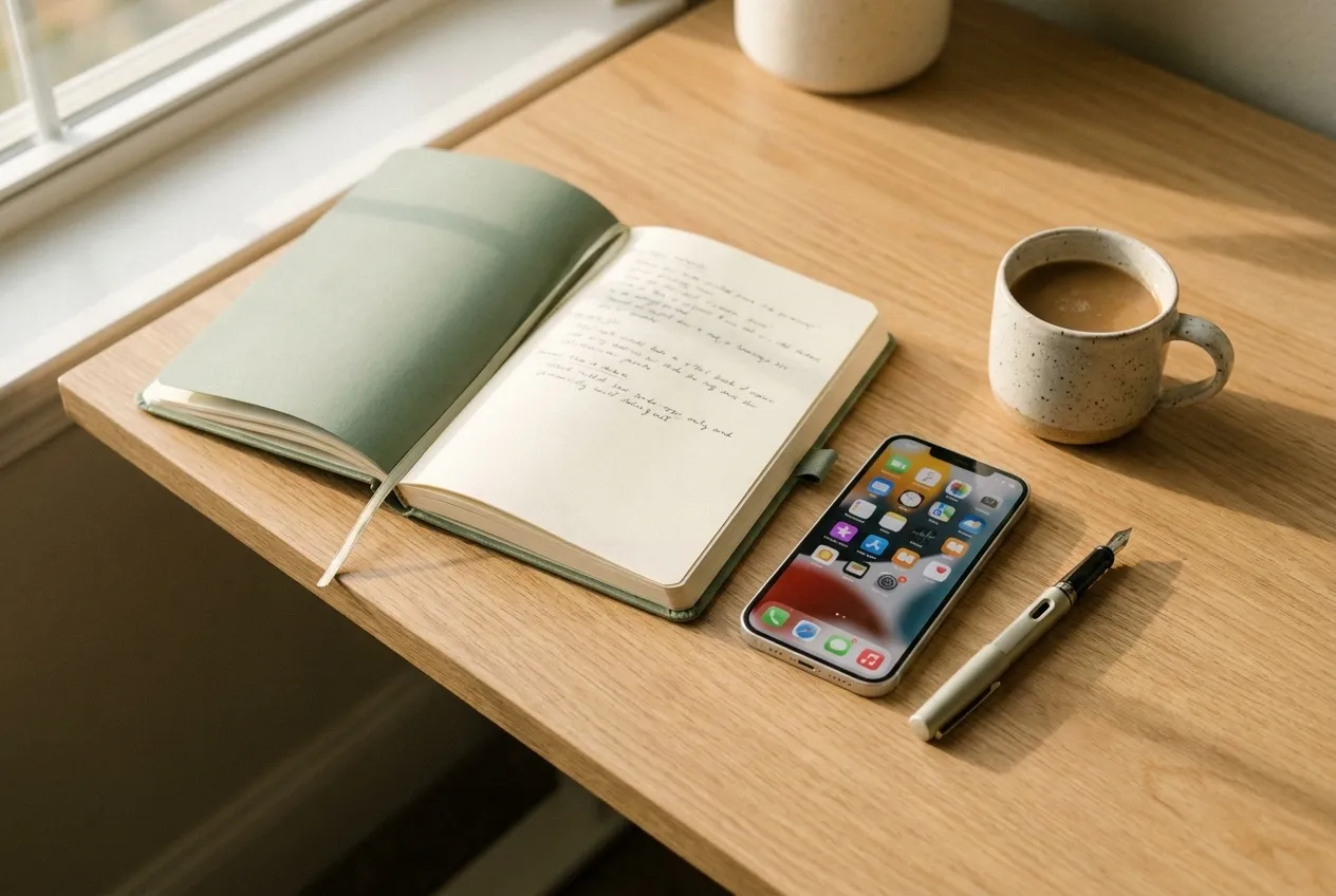 A desk in warm morning light with an open notebook, a phone, and a cup of coffee