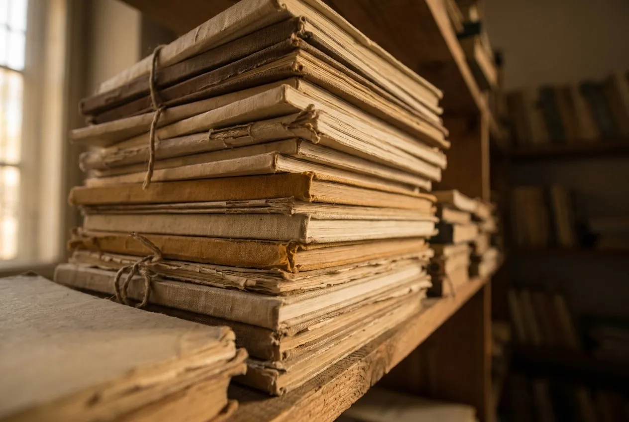 A stack of well-worn notebooks on a wooden shelf in warm side light