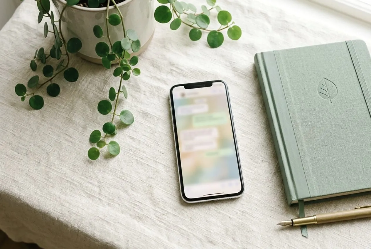 Krem keten örtünün üzerinde adaçayı yeşili bir günlüğün yanında duran telefon, kalem ve küçük bir bitki