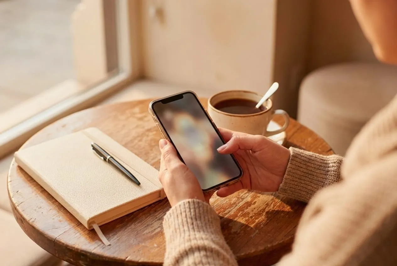 Kafe masasında kapalı bir defter ve bir fincan çayın yanında telefon tutan eller