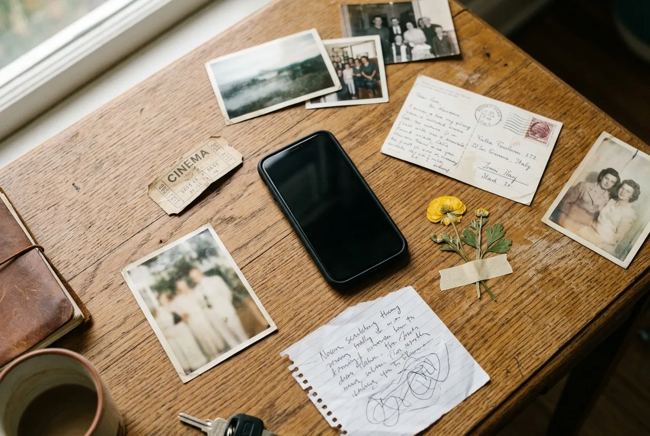 A phone among printed photos, a ticket stub, a postcard and a pressed flower on a wooden table