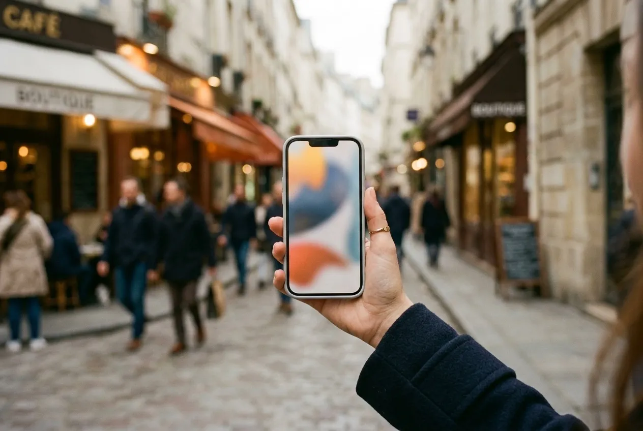A hand holding an iPhone on a city street in soft daylight