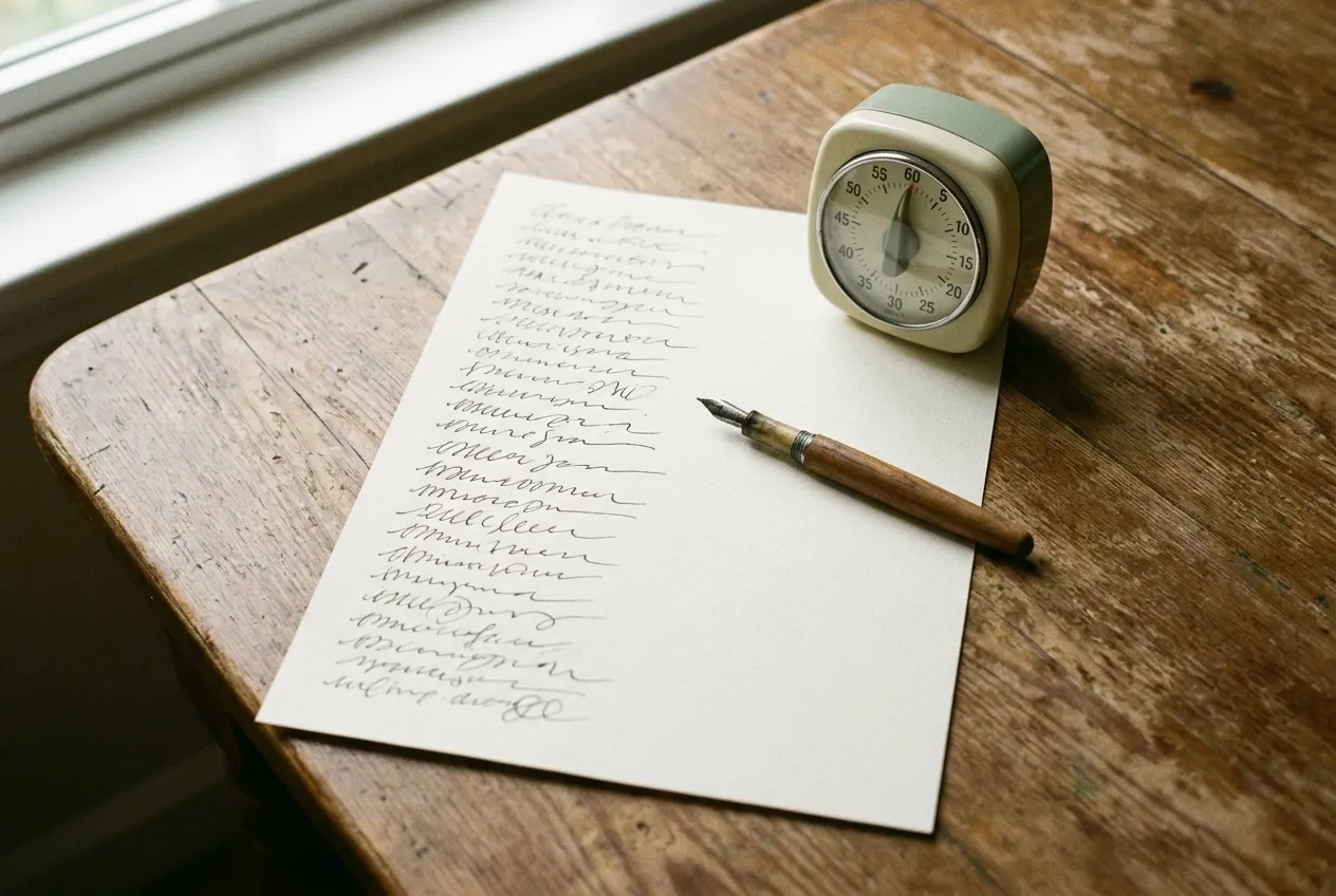 A handwritten list on cream paper with a pen and a small kitchen timer on a wooden table