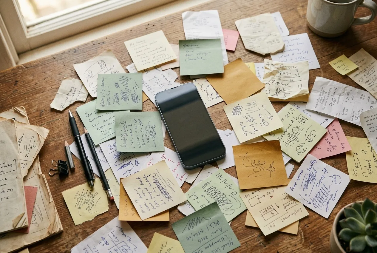 A desk covered in scattered sticky notes and paper scraps with a phone in the middle