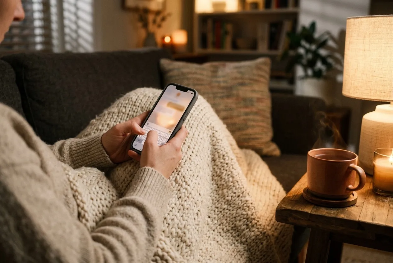 Hands typing a message on a phone under a blanket on a couch in warm lamp light