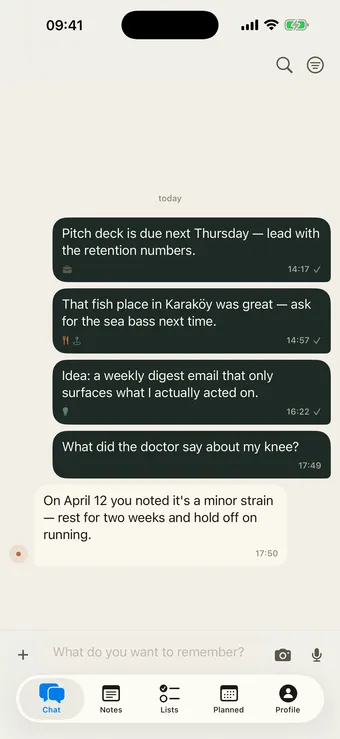 The Second Brain chat with a typed note, a voice note, and the app filing them automatically