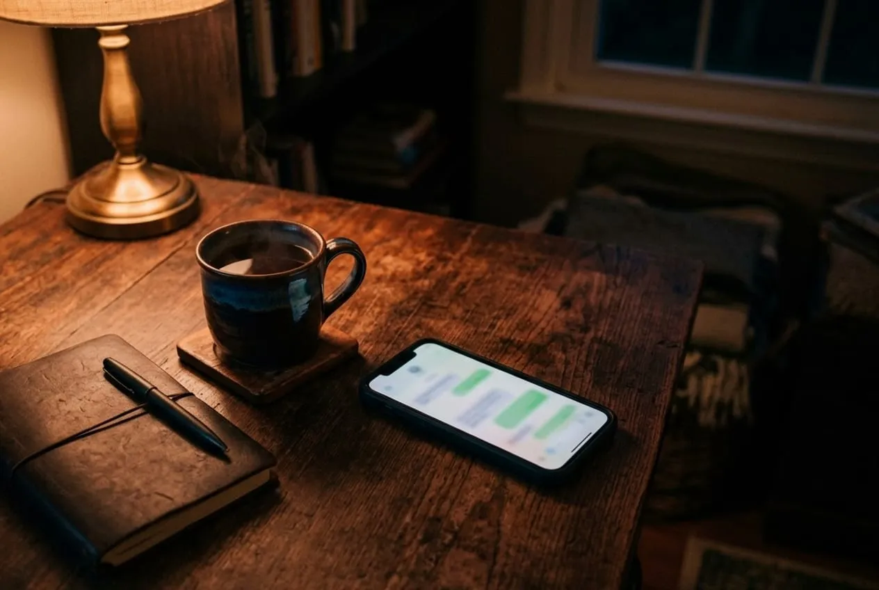 Akşam vakti karanlık bir masada, bir fincan çayın ve kapalı bir defterin yanında ekranı parlayan telefon