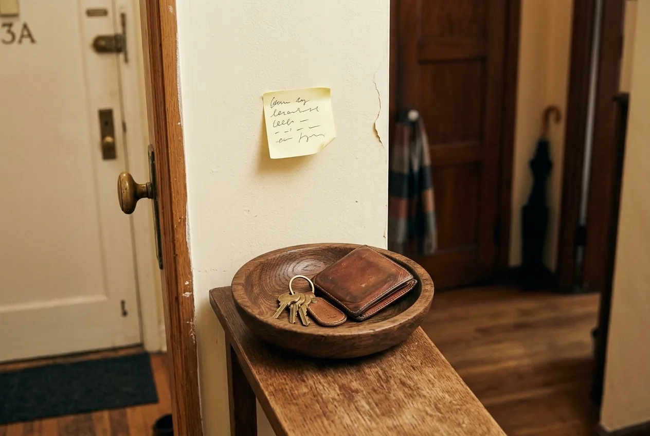 A wooden bowl with keys and a wallet by the door, a sticky note on the wall above