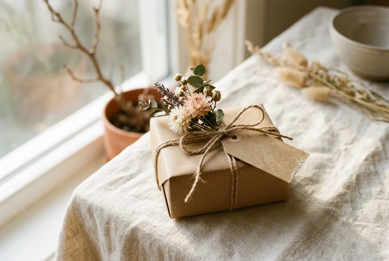 A small gift wrapped in kraft paper with twine, a paper tag and dried flowers
