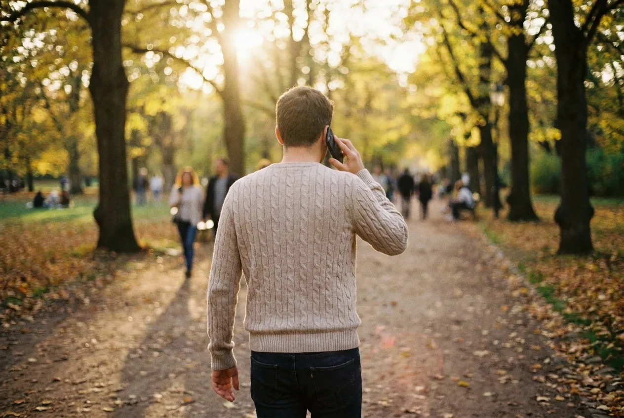 A person walking on a tree-lined path at golden hour, speaking a voice note into their phone