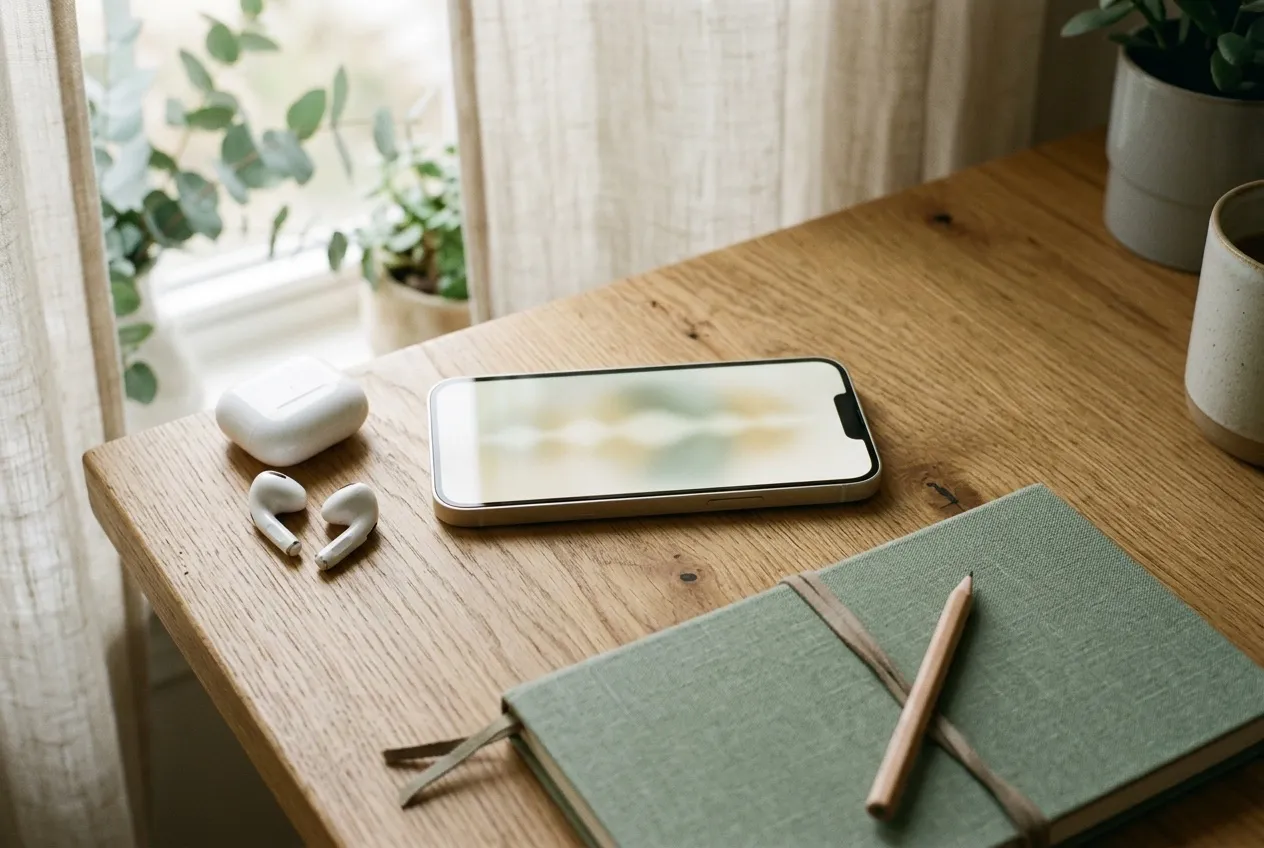 An iPhone on a wooden desk next to wireless earbuds and a closed notebook