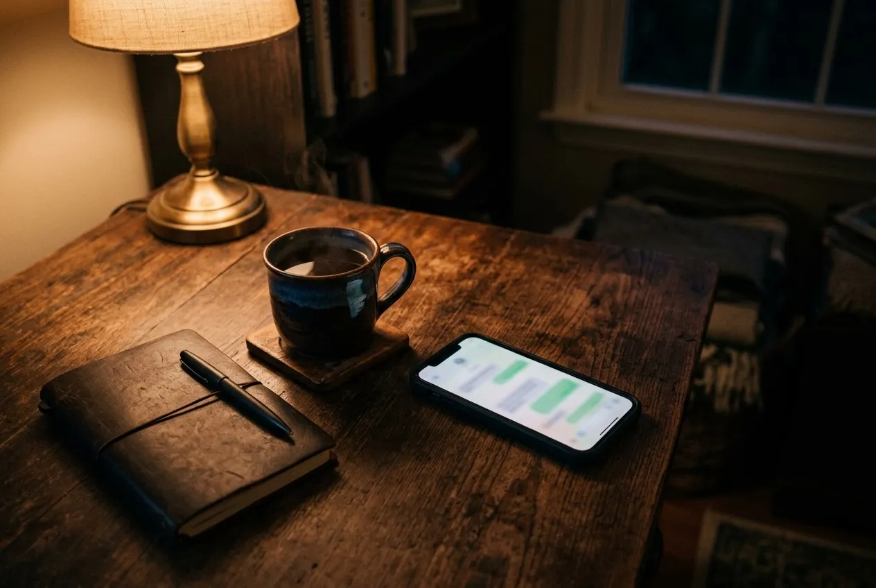 A phone glowing on a dark desk at evening beside a cup of tea and a closed notebook
