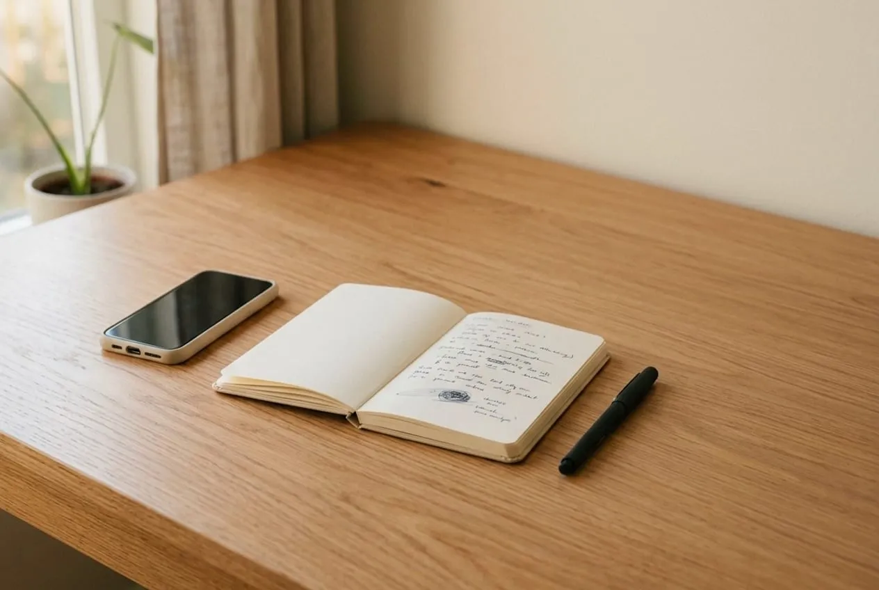 Yumuşak sabah ışığında üzerinde küçük açık bir defter, kalem ve telefon duran derli toplu bir masa