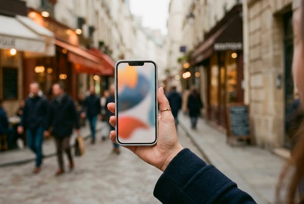 Yumuşak gün ışığında, şehirde bir caddede elinde iPhone tutan bir el