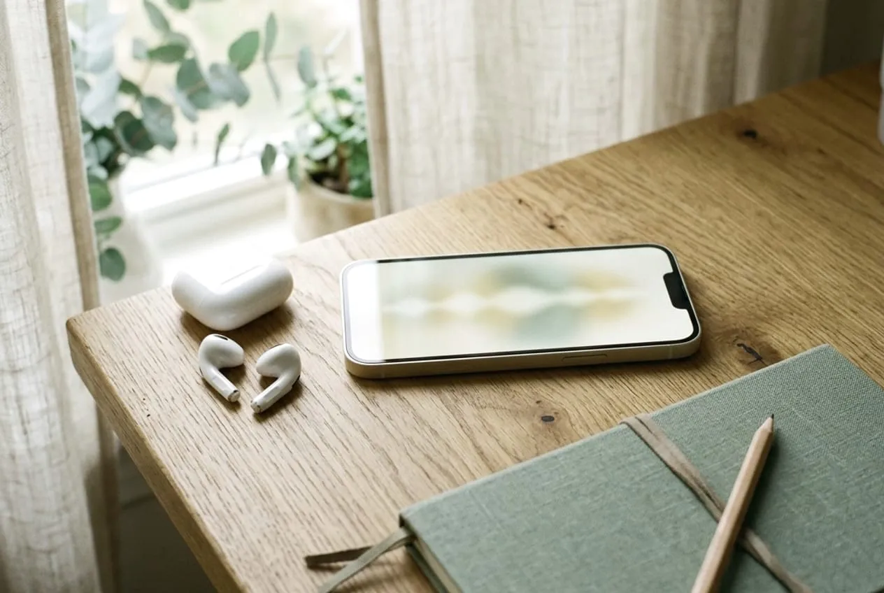 Ahşap bir masada kablosuz kulaklıkların ve kapalı bir defterin yanında duran iPhone