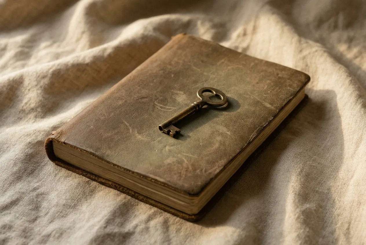 A closed leather journal with a small brass key resting on its cover