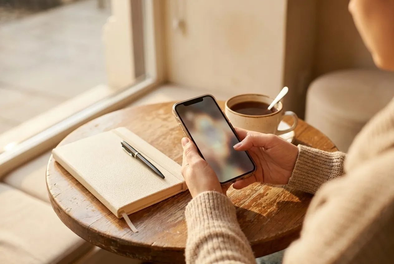 Hands holding a phone over a café table beside a closed notebook and a cup of tea