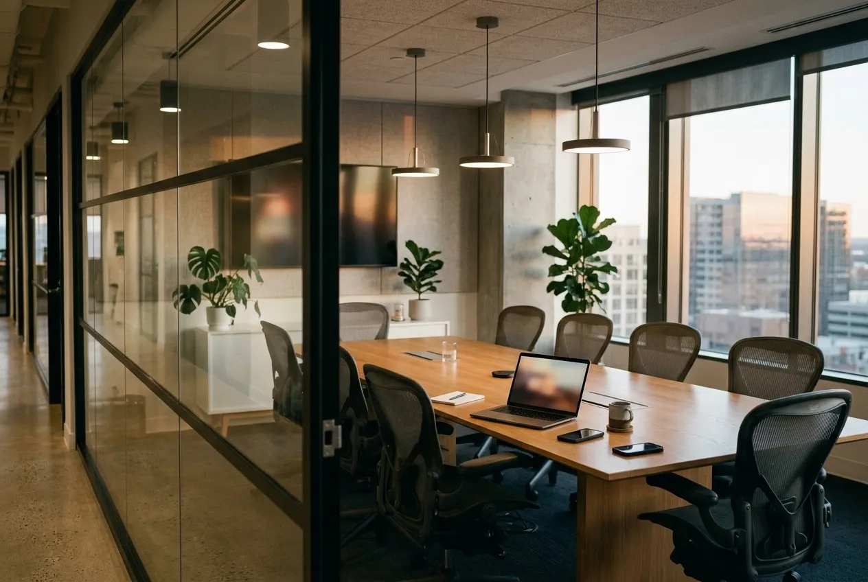 An empty meeting room behind glass with a laptop and a phone on the table