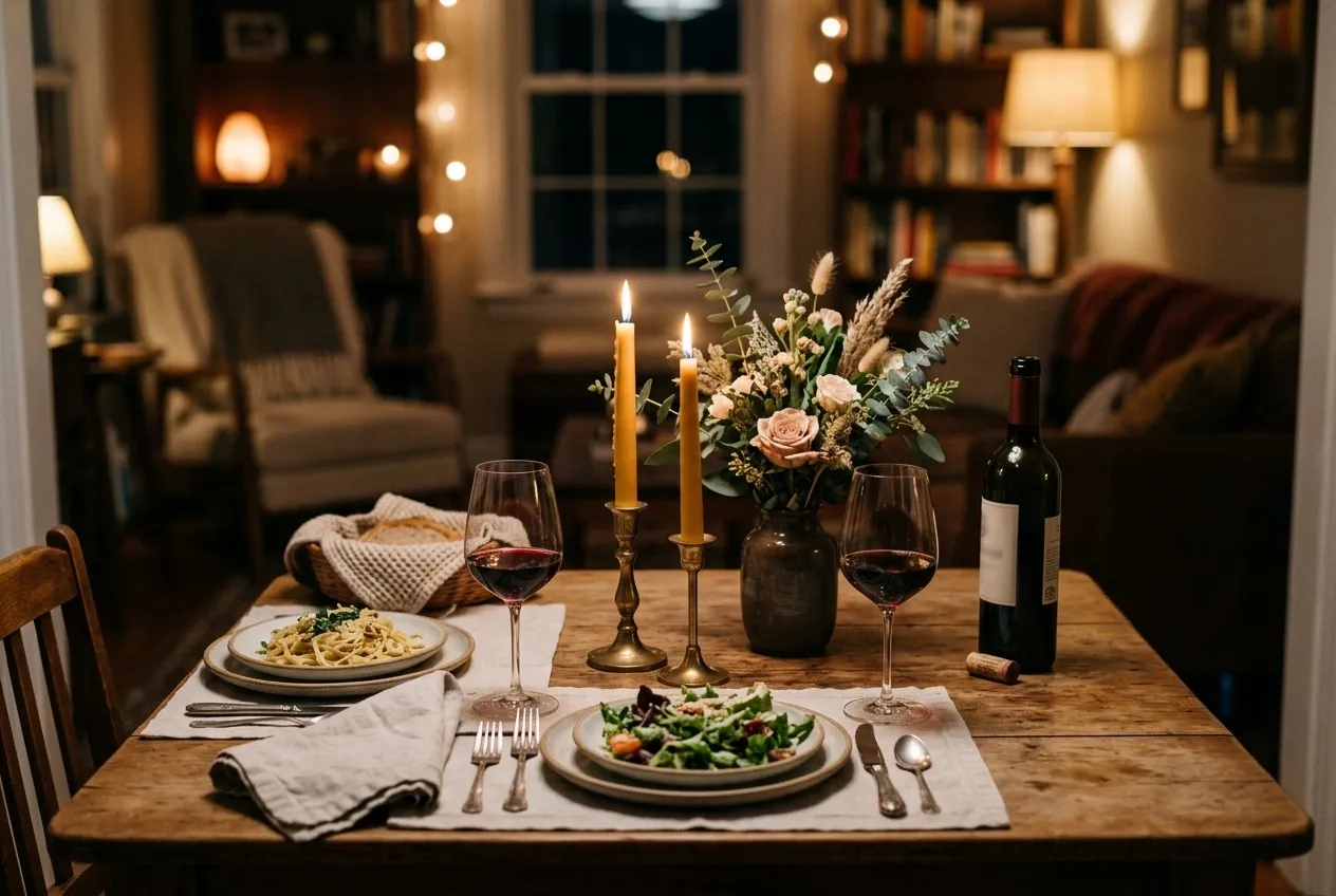 A dinner table set for two with lit candles, flowers and two glasses of wine