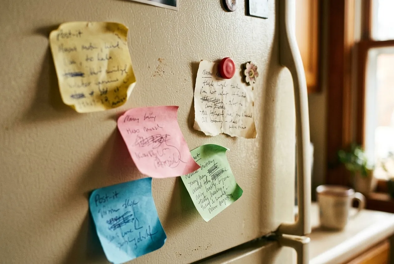 Handwritten sticky notes and a paper note held by a magnet on a fridge door