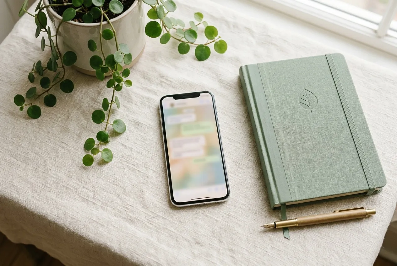 A phone beside a sage-green journal, a pen and a small plant on cream linen