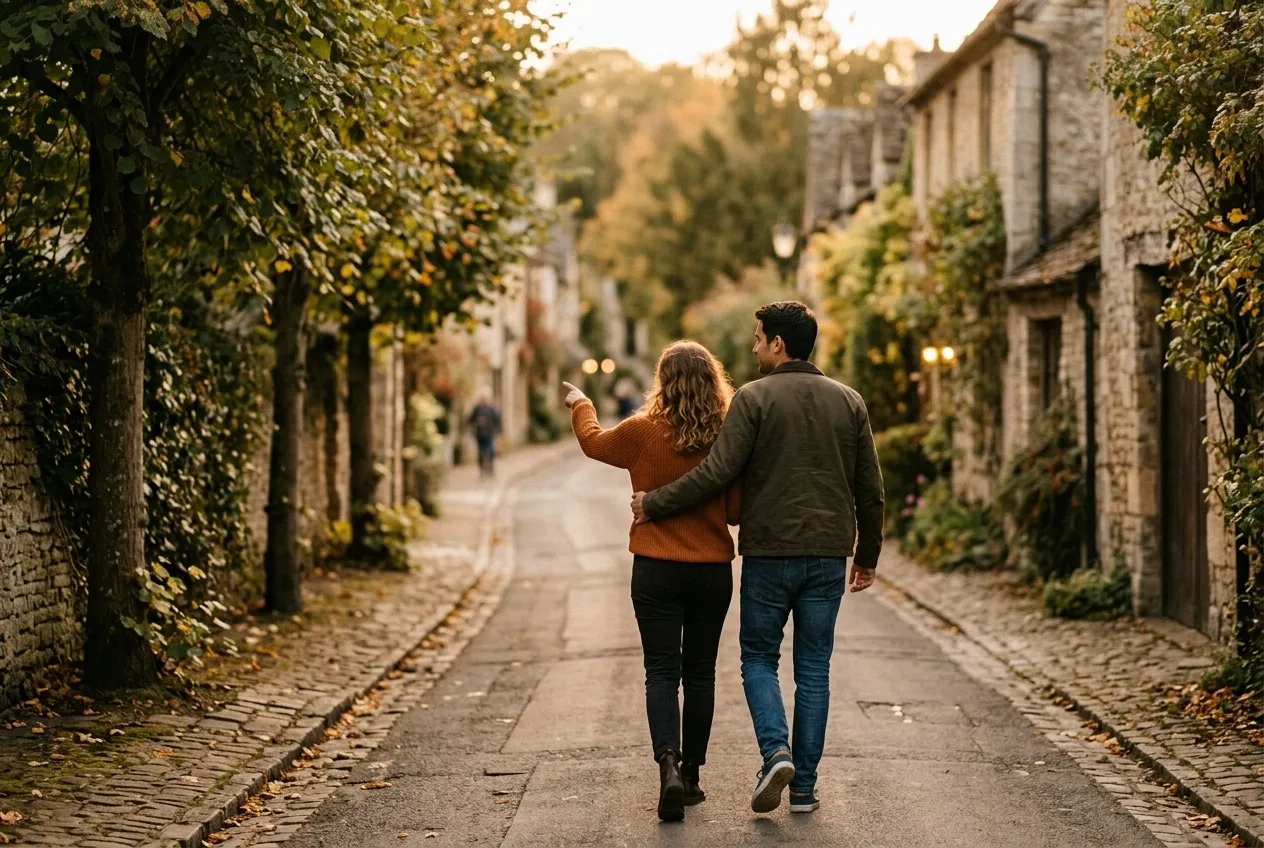 A couple walking close together on a tree-lined street in golden evening light