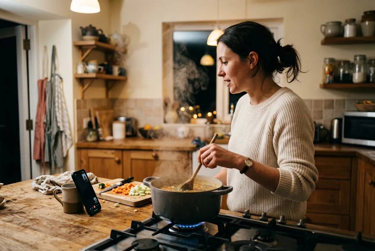 A person cooking at a stove while speaking toward a phone propped on the kitchen counter