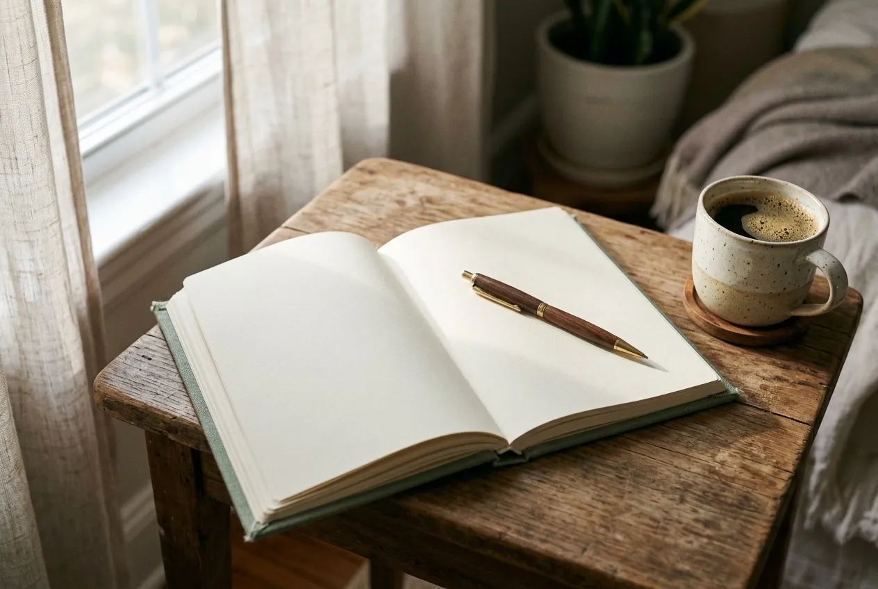 A blank open journal with a pen across it on a small wooden table in morning light