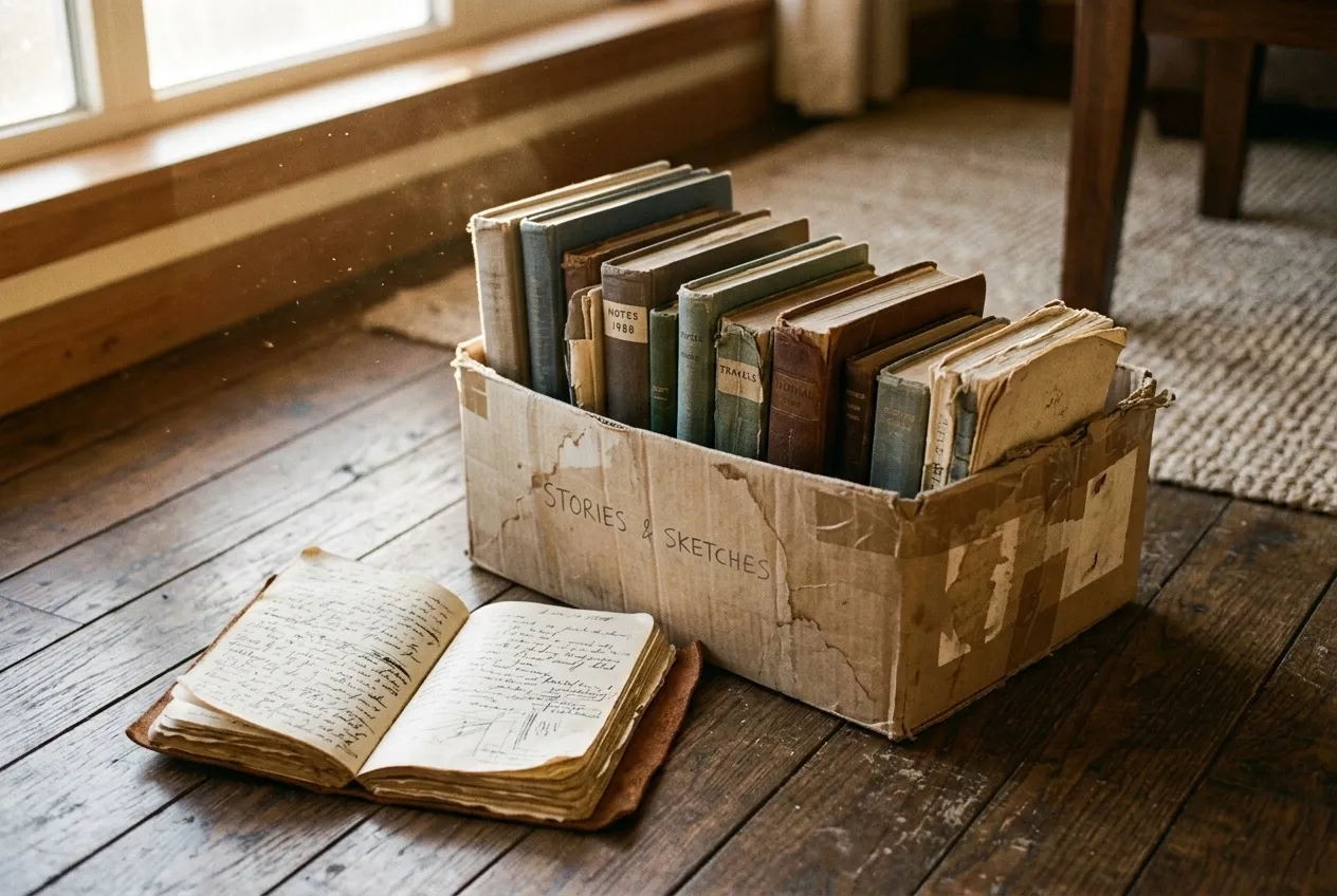 A cardboard box of worn journals on a wooden floor with one notebook lying open beside it