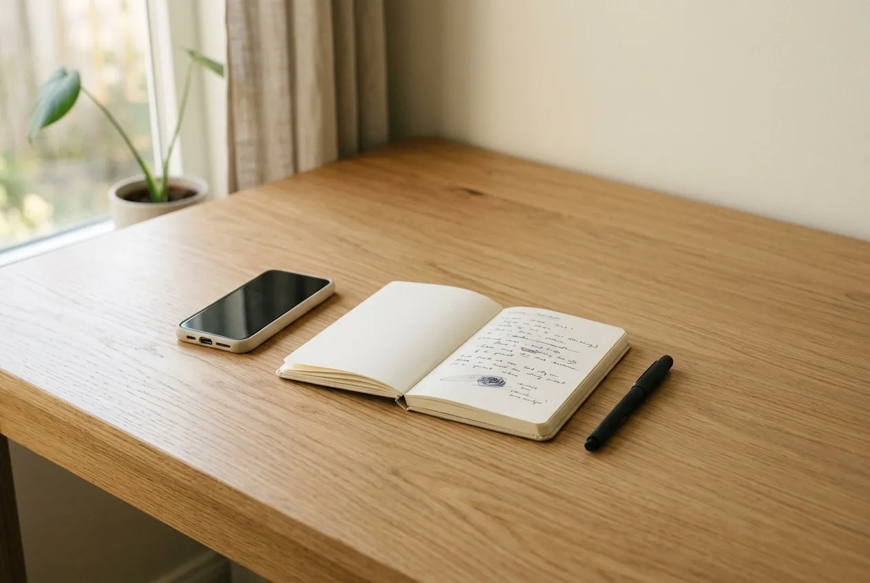 A tidy desk with one small open notebook, a pen and a phone in soft morning light